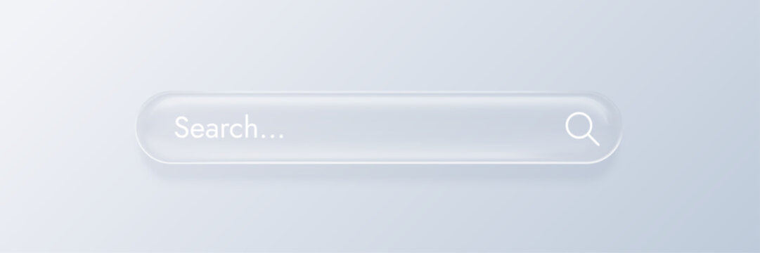 Realistic liquid glass search bar isolated on transparent background. Minimalist user interface or website. Modern UI design with glow effect. Vector illustration