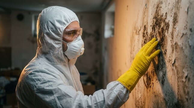 Professional technician in a protective suit inspecting mold growth on a damp wall.