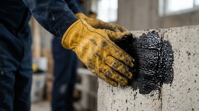 Worker applying a black concrete coating sealant to a basement wall for waterproofing.