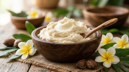 Fototapeta premium Whipped shea butter in a wooden bowl with a spoon, frangipani flower, and leaf for natural skincare.