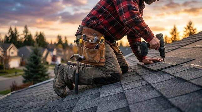 Professional roofer performing storm damage repair and shingle replacement on a residential roof.