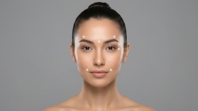 Diagram of botox injection points on a woman's face for cosmetic treatment.