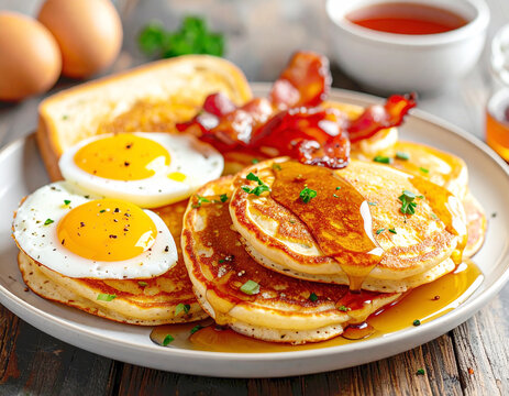Pancake breakfast brunch, mini pancakes with syrup, bacon, eggs, and toast. AI