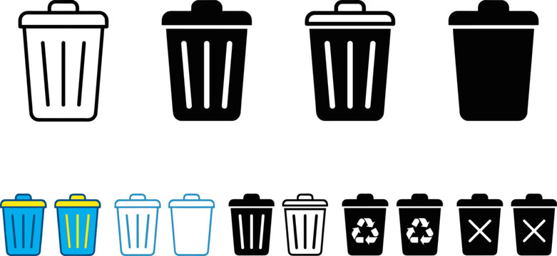 Vector set of trash can icons in various graphic styles including linear silhouette recycling and color options for web design
