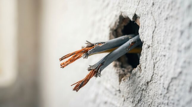 Damaged electrical wiring with exposed conductor and frayed insulation coming from a cracked wall.