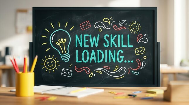 Chalkboard with new skill loading text and creative doodles symbolizing growth.
