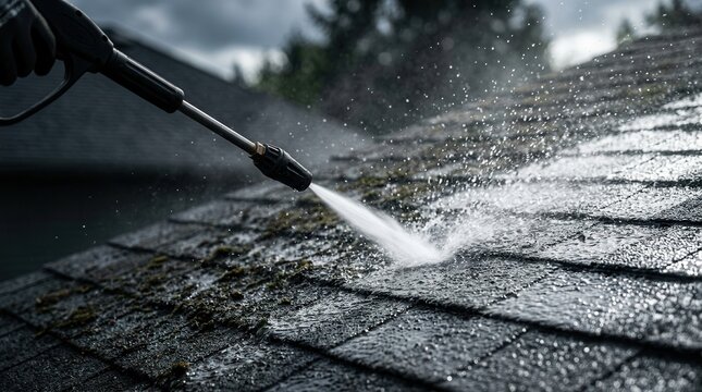 High-pressure spray from a pressure washer cleaning roof shingles to remove dirt and moss.