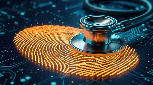 Stethoscope on an illuminated fingerprint symbolizing digital health and biometric identity.
