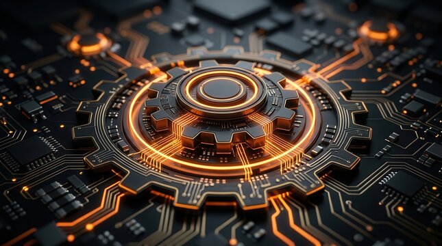 Circuit board featuring a glowing node and ring for edge computing and local data processing.