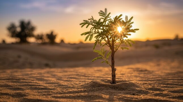 Small tree sapling growing on sandy ground during a beautiful sunset.