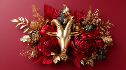 Obraz premium Festive Zodiac Goat Artwork in Warm Ruby Tones with Floral Elements and Gold Accents for Celebratory Themes
