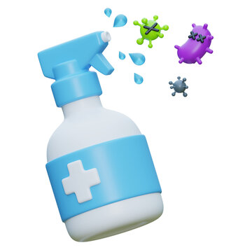 3D illustration of disinfectant spray bottle killing bacteria and viruses for sanitation