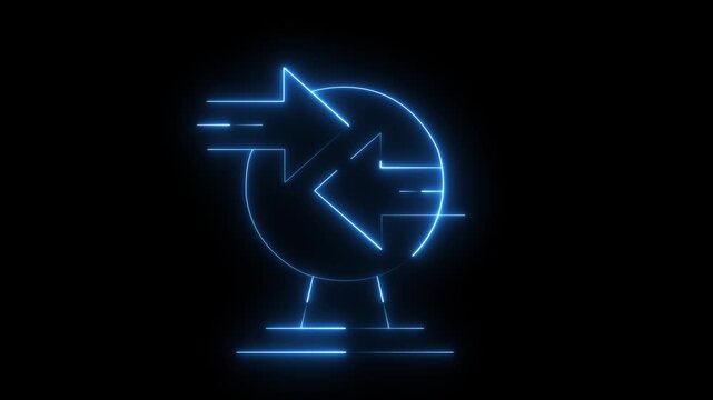 Glowing blue neon glitch globe with two exchange arrows pointing inward on a black background, data synchronization, global trade, or networking