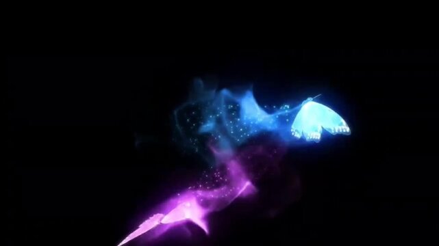 Glowing Magical Butterflies With Blue And Purple Sparkle Trails Over Dark Background

