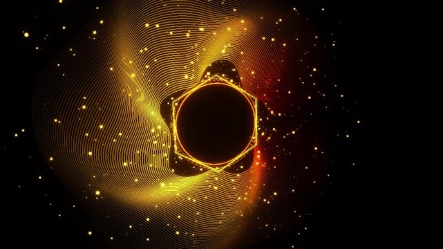 Futuristic 4K seamless motion loop showcasing an interactive circular holographic radar system. Soft nested frequency wave lines wrap and deform around the rotating core, emitting radiant particle 