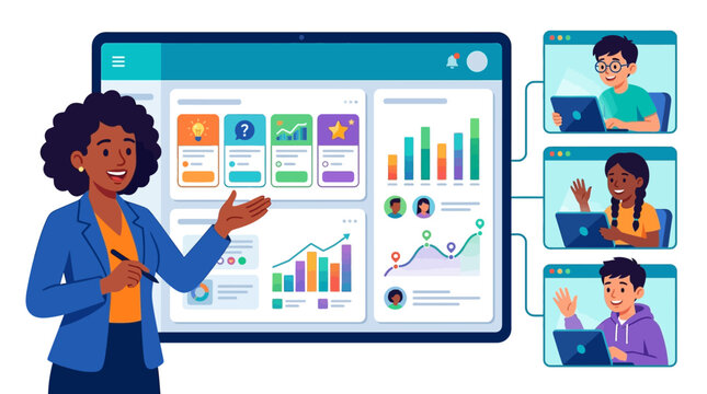 Online Education and Business Data Presentation Vector Illustration featuring a Black Female Professional Tutoring Remote Students via Virtual Meeting Platform