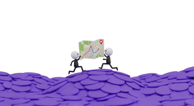 Two characters holding a map and running across a sea of coins