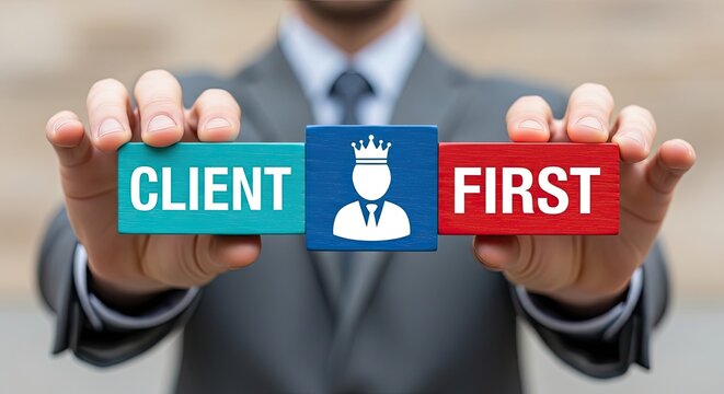 Businessman holding colorful blocks with client first concept for customer service or priority