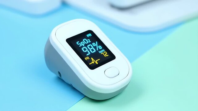 Finger pulse oximeter displaying oxygen saturation and heart rate on a colored desk.