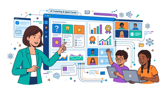 AI Tutoring Platform and Online Education Dashboard with Teacher and Students Using Digital Devices for Personalized Learning and Gamified Quiz Lessons
