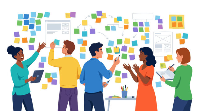 Team Collaboration and Agile Project Management Workshop with Sticky Notes, UX UI Design Wireframing, and Business Strategy Brainstorming Illustration