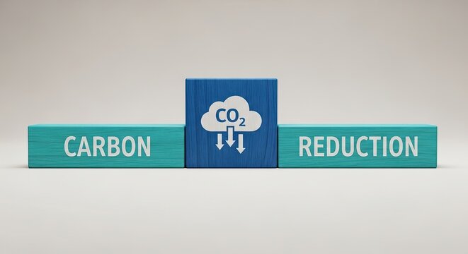 Carbon reduction concept with wooden blocks and CO2 cloud symbol on a plain background for environmental sustainability