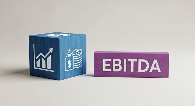 EBITDA financial concept with blue cube and purple block on white background with growth graph and money icons