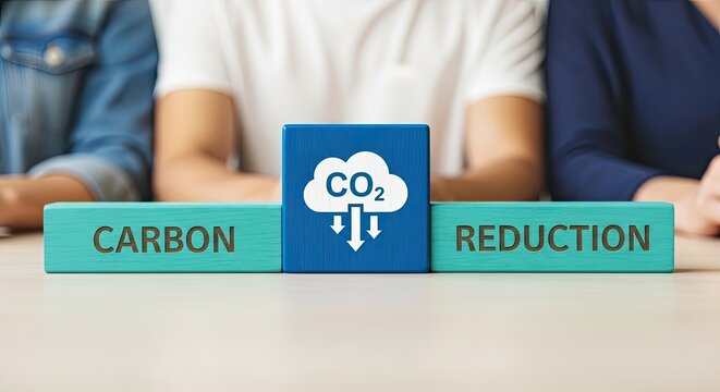 Three people sitting at a table with blocks representing carbon reduction and CO2 decrease for a sustainable future