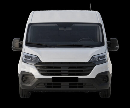 Modern white cargo van front view transport vehicle isolated on white background.
