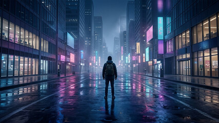 Fototapeta premium Man with backpack standing on a wet city street with neon lights at night.