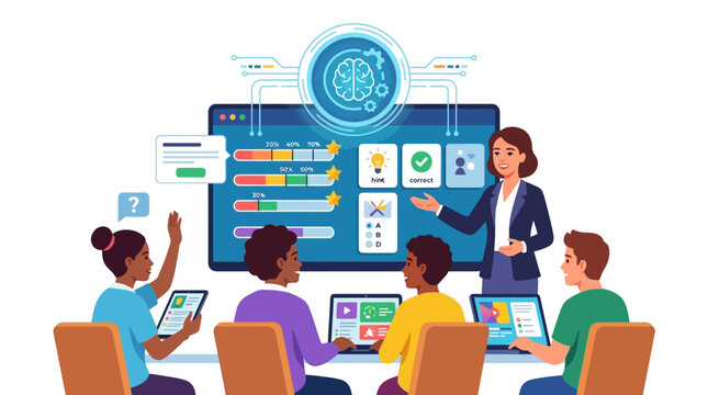 AI Education Concept: Teacher and Diverse Students Using Interactive Digital Technology for Personalized Learning and Skill Development in a Modern Classroom