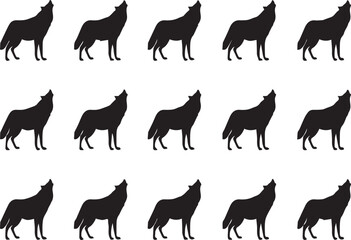 Obraz premium Howling Wolf Silhouette Vector Collection - Set of 15 Identical Black Wolf Icons Howling at the Moon - Minimalist Wild Animal Illustrations for Outdoor Adventure Designs and Nature Logos