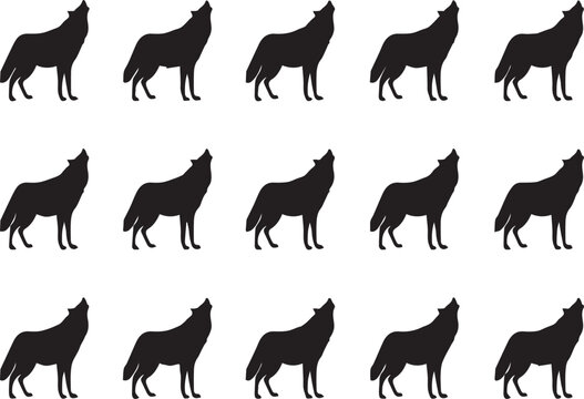 Howling Wolf Silhouette Vector Collection - Set of 15 Identical Black Wolf Icons Howling at the Moon - Minimalist Wild Animal Illustrations for Outdoor Adventure Designs and Nature Logos