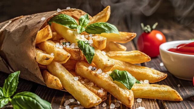 Delicious french fries in brown paper bag on wooden table with ketchup 4k video