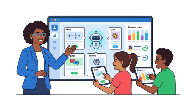 AI-Driven Digital Education Platform Illustration with Teacher and Students Using Tablets for Personalized STEM Learning and Progress Tracking