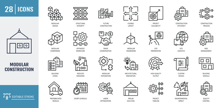 modular construction icon set. including trade coordination, prefab solutions, building codes, time efficiency. vector illustration. editable stroke