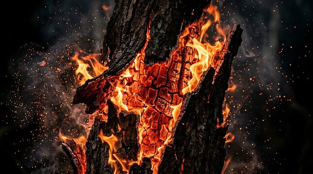 Vibrant flames engulfing a burning log