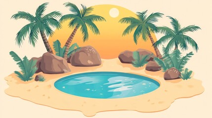 Fototapeta premium A serene beach scene with palm trees and a tranquil pool at sunset.