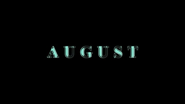 Elegant golden glass typography of the word August shimmering on a black background, monthly calendar, summer season, luxury events, or yearly schedule