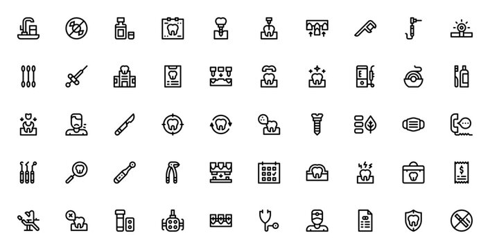 Dentist icon set. Dental care vector icons pack. Minimalist line icons. Including symbols for sink, mouthwash, x-rays, implant, endodontist, veneer, floss, drill, and more. Editable vector stroke.