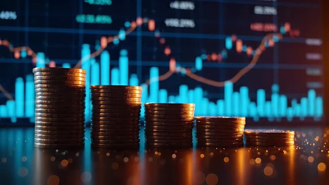 stacked gold coins in front of a glowing financial stock market chart with blue bars