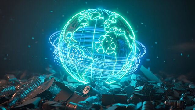 Glowing digital earth globe with recycling symbols floating above a dark pile of discarded plastic waste and metal trash items