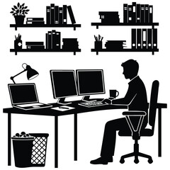 Man working at computer desk with multiple screens and bookshelves in office vector silhouette illustration. © MDSAJEEB