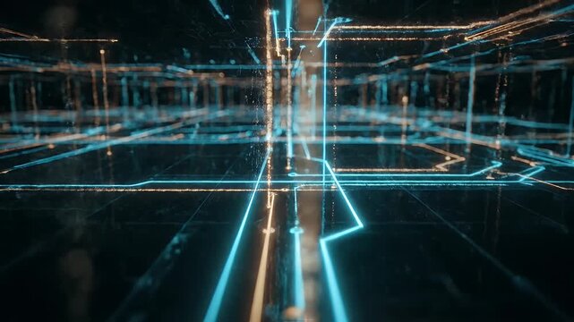 Digital circuit network with glowing blue and gold lines moving through a 3D data space