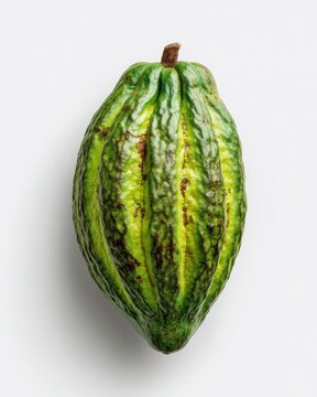 Close-up of a green cacao pod on a white background