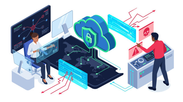 Smart City Infrastructure Management Illustration: Professionals Monitoring Urban Traffic, Energy, and IoT Networks in a Futuristic Digital Control Room
