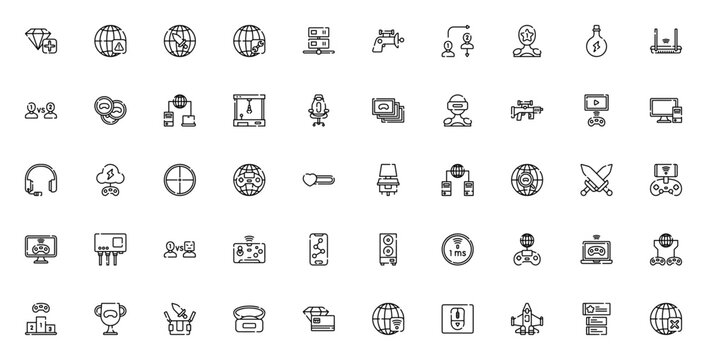 Online Game icon set. Minimal vector icons pack. Includes symbols for diamond, network, server, laser gun, PvP, VR game, gaming chair, trophy, leaderboard and more. Editable vector stroke.