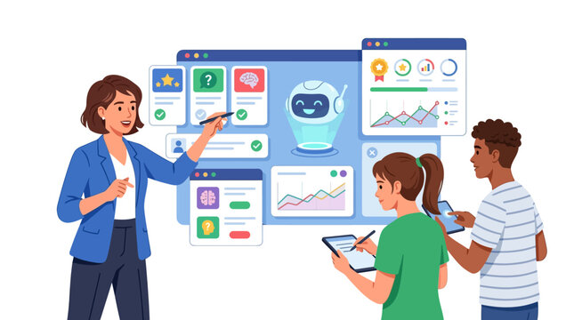Teacher and Diverse Students Using AI Chatbot and Digital Dashboard for Personalized Learning and Education Technology Concept