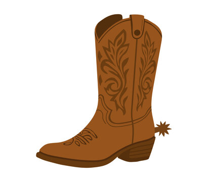 Brown cowboy boot with spur isolated on white background. Western texas rodeo footwear. Vector flat illustration