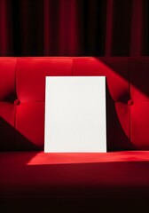 Obraz premium A white card standing on a red velvet couch in a dark room with a curtain